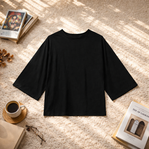 Lässiges Einfarbiges O-Ausschnitt Dreiviertelärmel Locker Sitzendes Atmungsaktives Gestricktes Basic-Oberteil für Damen Frühling T-Shirts - Product Image 6