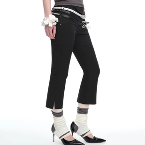 Wholesale Gothic Y2K Streetwear High Waist Black Stretch Capri Pants for Women Metal Rivet Decor Slim Flare Cropped Shorts - Product Image 3
