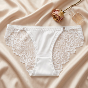 Culottes de luxe en satin pour femme, élégantes, blanches, à dentelle florale, taille basse, confortables et douces, lingerie quotidienne OEM ODM - Product Image 1