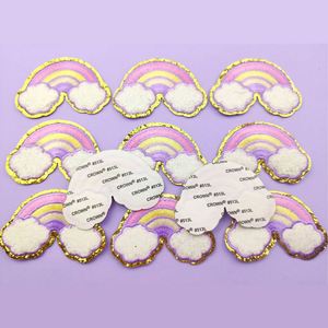 Patchs thermocollants/auto-adhésifs brodés, exquis, avec bordure dorée scintillante, couleur macaron, nuage arc-en-ciel, pour la décoration de vêtements et de sacs - Product Image 3