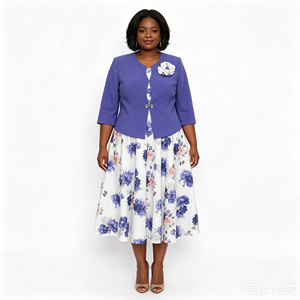 Ensemble deux pièces élégant pour femmes grandes tailles, robe à imprimé floral longueur genou avec veste jaune et détails boutonnés, tenue de printemps - Product Image 3