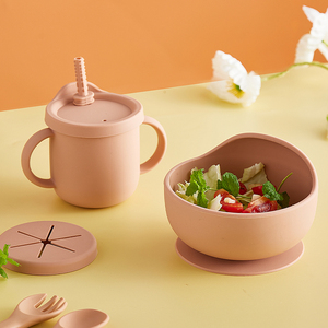 Recién llegado, juego de vajilla para bebé sin BPA, tazones, cuchara, babero, placa de succión dividida de silicona para bebé, juego de alimentación para destete de bebé - Product Image 4