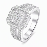 Anello Geometrico in Argento Sterling Placcato Rodio con Moissanite D-color Taglio Smeraldo e Incastonatura a Pavé, Stile Lusso Leggero, per Industrie Pesanti