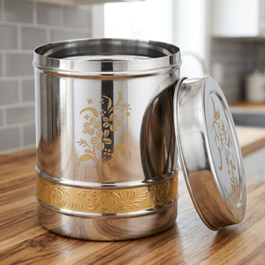 Stainless Steel <b>Food</b> Container Round Airtight Metal Storage <b>Jar</b> With Oriental Design Pattern set of 2 - Product Image 5