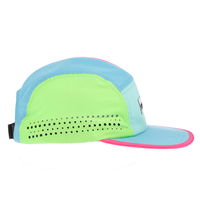Casquette de camping personnalisée à 5 panneaux en popeline pêche color-block, casquette de course pliable avec visière souple en EVA et patch tissé perforé au laser