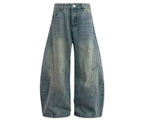 Celana Jeans Unisex Vintage Model Cat Whisker Curved Sickle Baggy Distressed Longgar Panjang Lantai Gaya Street Denim Custom Logo Grosir