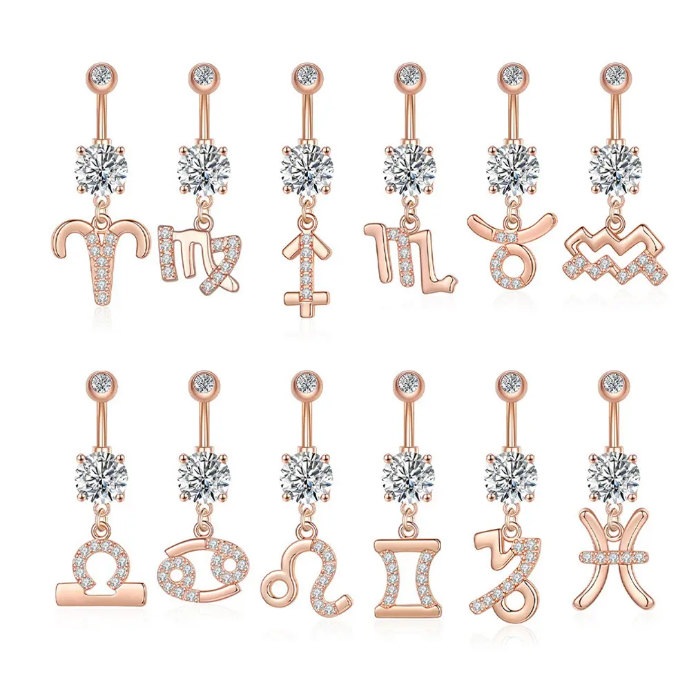 2401 Nieuwe Zirkoon Navel Nagel Kruis Ring Twaalf Sterrenbeelden Button Spice Girl Fee Piercing Sieraden Groothandel