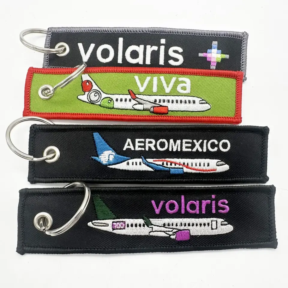 Customized Double Sides Company Logo Flight key tag Custom Embroidered key chain with Keyring Woven Keychain