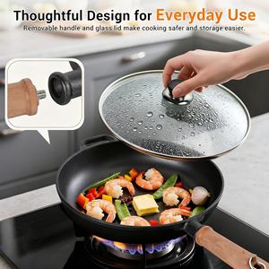 Poêle en fonte pré-assaisonnée avec couvercle et poignée en bois amovible - Poêle antiadhésive ultime <span class=keywords><strong>pour</strong></span> cuisinière, four, grill et feu de camp - Product Image 4