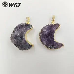 WT-P1858 Amazing Gorgeous Energy Natural Druzy Amethyst Moon Necklace with 18k real gold plated Genuine stone amethyst