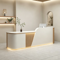 Bureau d'accueil moderne et minimaliste avec bande lumineuse LED, comptoir en bois cannelé pour salon de beauté, spa, hôtel, bureau