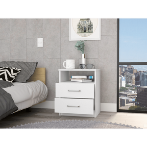 DB DEPOT Salento Mesita de noche superior blanca Lujo moderno de mediados de siglo Minimalista Dos cajones Un estante Apartamento MDF - Product Image 2