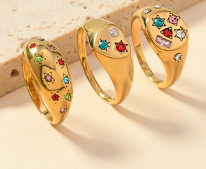 Bagues plaquées or à motif étoilé avec pierres en zircone cubique créées en laboratoire, bijoux unisexes de style glamour - Product Image 1