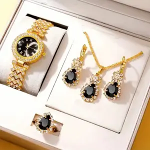 时尚女性手表礼品套装奢华珠宝套装手表 + 项链 + 戒指 + 耳环套装钻石手表女性珠宝女性礼品