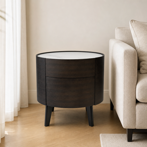 Table de chevet ovale moderne à <span class=keywords><strong>2</strong></span> tiroirs, plateau en pierre frittée blanche, placage de bois fumé, pieds coniques, fermeture douce, pour appartement - Product Image 1