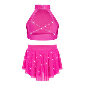 Enfants filles pom-pom girl Cheerleading danse Performance Costume paillettes strass <span class=keywords><strong>haut</strong></span> court jupe en maille transparente - Product Image 3