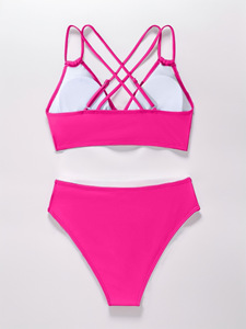 Wholesale <b>Sexy</b> Solid Color V Neck Backless <b>Bikini</b> High Cut 2-Piece <b>Set</b> Swimwear Front Logo Made of Spandex/Nylon Hollow Design - Product Image 3
