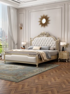Luxury French Carved Wood Upholstered Tufted Bed <b>Frame</b> Bedroom Furniture King Qeeun Size Classic Double Bed for Villa - Product Image 2