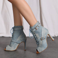 LUOQIAO L636 Nouvelles Chaussures de Danse Latine/Jazz pour Femme en Daim Bleu/Cowboy, Bottes Sexy à Talon Haut et Bout Ouvert Professionnelles
