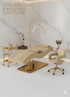 Lit de Soin Ergonomique de Luxe pour Cils, Ensemble Moderne pour Spa et Beauté, avec Éclairage LED Demi-Lune, Chaise à Roulettes Robuste à Base Dorée, Durable