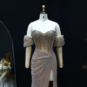 Abito da Sera di Lusso a Sirena Argentato con Cristalli Stile Dubai con Maniche e Spacco Abito da Cerimonia Arabo da Donna LSZ426 - Product Image 5