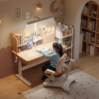 Bureau d'étude rectangulaire pour enfants en bois massif, design nordique, avec lampe de protection oculaire et chaise réglable en hauteur