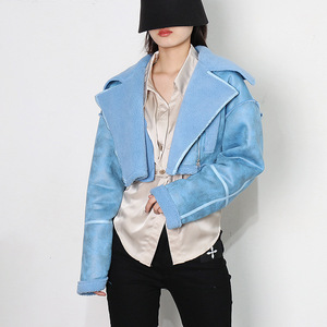 Giacca in Denim da <span class=keywords><strong>Donna</strong></span> 2023 con Maniche Lunghe, Patchwork in Pelle PU Traspirante e Fodera in <span class=keywords><strong>Shearling</strong></span> - Product Image 1