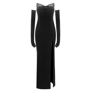 Abito da sera nero in velluto senza spalline da <span class=keywords><strong>donna</strong></span>, con bustier in strass, spacco alto, modello a colonna, guanti da opera, elegante e <span class=keywords><strong>glamour</strong></span> vintage - Product Image 4