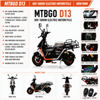 Scooter électrique OEM/ODM 60V 1000W, moto électrique avec amortisseur hydraulique, contrôleur 12 tubes, écran LCD, vélo électrique