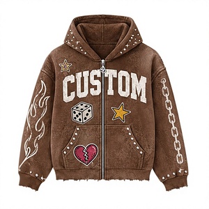 Sweat à capuche imprimé en molleton, coton et polyester, coupe oversize et carrée, épaules tombantes, broderie effet vieilli, strass, DTG, DTF - Product Image 1