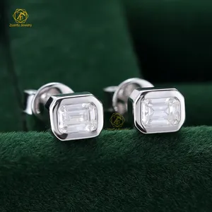 Zuanfo Luxury Solid 925 Sterling Silver Bezel Setting 3 X 4mm Emerald Cut Moissanite Earrings For Women