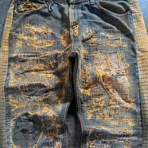 LEDUO OEM giysi erkekler moda artı boyutu erkek kot pantolon özel işlemeli yıkanmış sarı yok Baggy kot erkekler için - Product Image 5