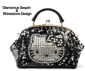 Black Sequin <strong>Hello</strong> <strong>Kitty</strong> <strong>Purse</strong> Crystal Decorated Handbag Fashion Women's Shoulder Bag for Party - Product Image 2