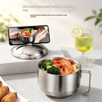 Bol à nouilles en acier inoxydable 304 avec poignée, tasse à déjeuner épaissie avec couvercle et support pour téléphone, idéal pour la cantine, l'usine et la salle à manger quotidienne à domicile