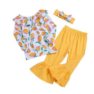 Vêtements pour enfants très demandés : Ensemble 3 pièces pour filles de 2 à 12 ans, comprenant un haut épaules dénudées motif citron et un pantalon évasé - Product Image 5