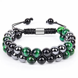 Bracelet en pierre d'oeil de tigre de 8mm pour hommes bijoux tissés à <span class=keywords><strong>la</strong></span> main Double couche réglable anxiété guérison pierre précieuse hématite Bracelet perlé - Product Image 1