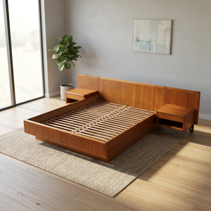 Modern Solid Teak Platform Bed Frame with <b>Floating</b> <b>Nightstands</b> Minimalist Bedroom Furniture - Product Image 3
