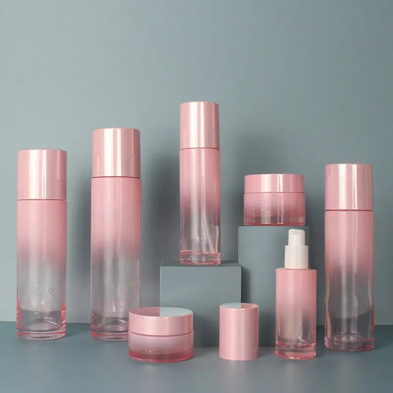 2022 модный набор косметических стеклянных бутылок розового цвета с градиентом, уход за кожей, эссенция, сыворотка, стеклянная Косметическая банка