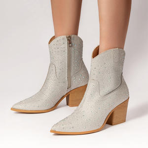 Botas Chelsea de tacón grueso brillante con diamantes de imitación para mujer, botas cortas al tobillo con cremallera lateral Vintage para mujer, <span class=keywords><strong>calzado</strong></span> de mujer - Product Image 3