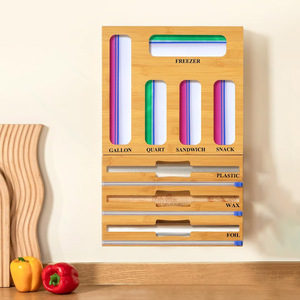 Bamboo Divider Wall Mounted Plastic Bag Dispenser With Cling Film And Wax <b>Paper</b> Storage For <b>Kitchen</b> Organization - Product Image 1