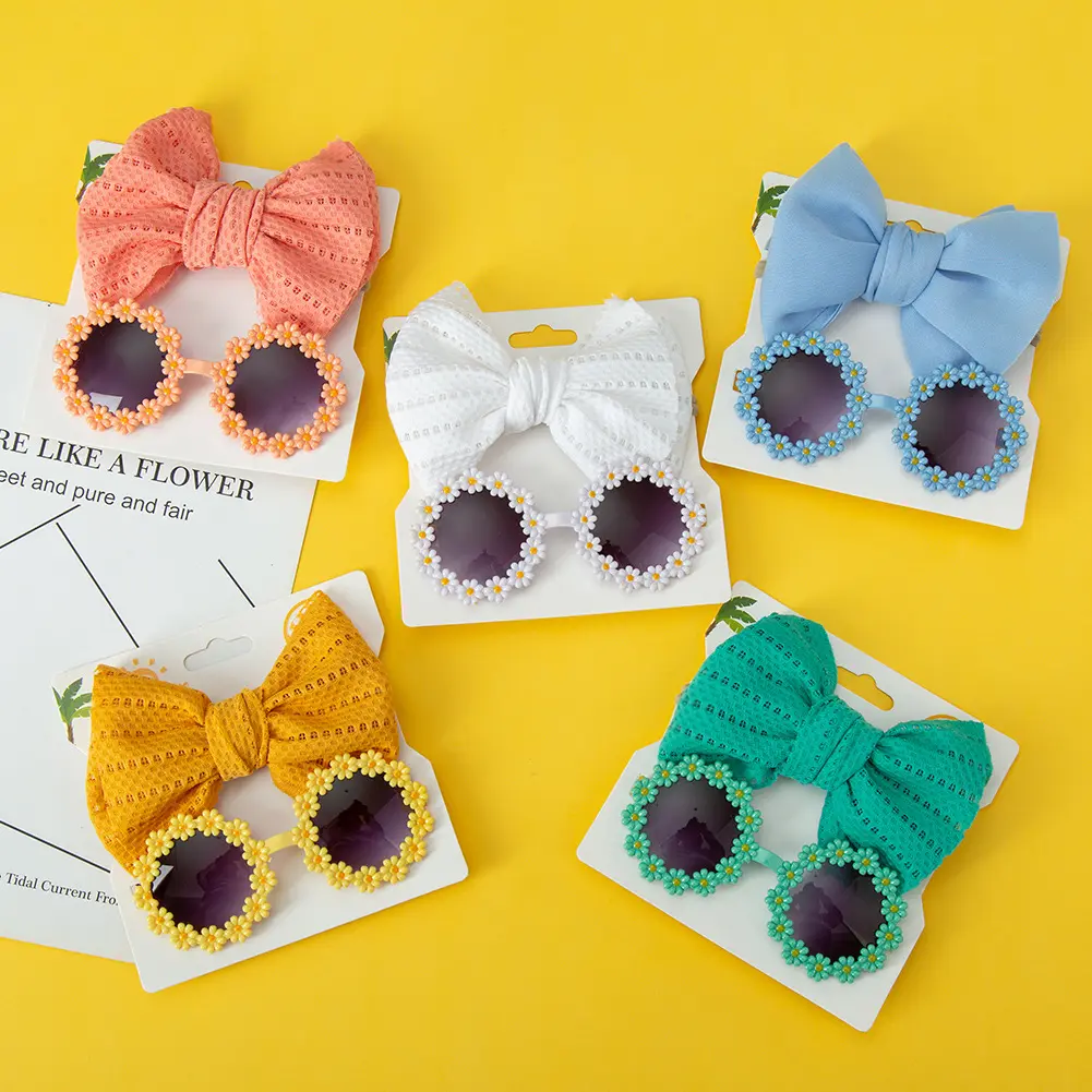 Promozione Hand Make Baby Daisy occhiali da sole con fiocco con occhielli Set Big Bow Nylon Hairband Sweet Girl Glasses Beach Photo Photography