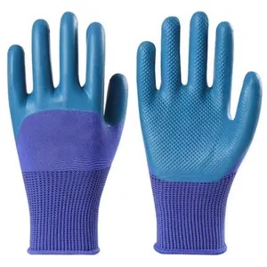ถุงมือยางโพลีเอสเตอร์จุ่มสีฟ้ายางลาเท็กซ์เคลือบผิวนูนถุงมือสำหรับงานก่อสร้างถุงมือทำงานในสวน