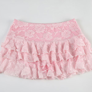 OEM Custom Summer Sweet Pink Stretch <strong>Pleated</strong> Low Waist Skorts Slim Fit Layered Floral Lace Mini <strong>Skirts</strong> with Inner <strong>Shorts</strong> - Product Image 3