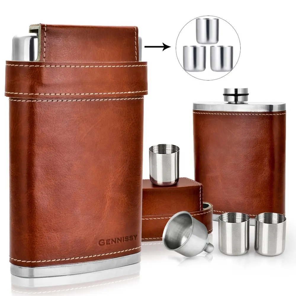 18/8 Stainless Steel 8oz Brown Leather Hip Flask with 3 Cups and Funnel