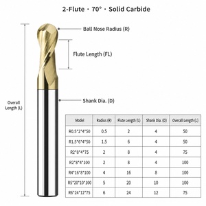 Fresa de extremo esférico de 2 filos HRC70 con recubrimiento de oro macizo, perfil R, para mecanizado de titanio y acero inoxidable - Product Image 2