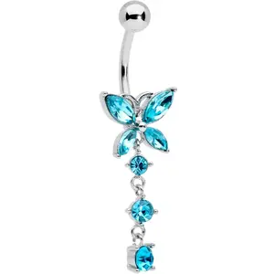 2024 Womens 14G Steel Navel Ring Piercing Blue Accent Open Wing Butterfly Dangle Belly Button Ring