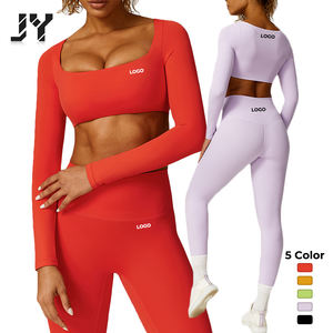 JY nuevo Sexy manga larga Crop Top Fitness gimnasio ropa Yoga pantalones Leggings <span class=keywords><strong>2</strong></span> piezas Yoga conjunto de Yoga para mujer ropa - Product Image 1