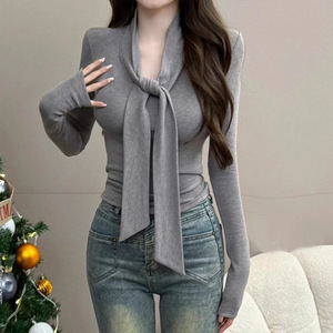 Women's Tie-Neck Long Sleeve T-Shirt Slim Fit Solid Color Soft Knit Top Burgundy For Layering - Product Image 2