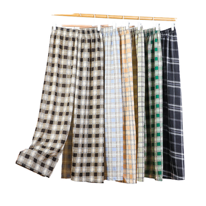 Women's <b>Plaid</b> Cotton <b>Pants</b> Straight Loose Fit Elastic Waist Full Length Casual Summer Wear Trouser Breathable - Product Image 1