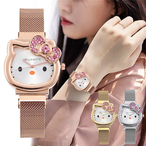 Orologio Kitty per ragazze orologio al quarzo con diamante fiocco magnete carino cartone animato ragazza studente per bambini orologio fibbia tipo di fibbia - Product Image 1